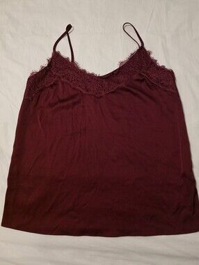 Black Tape_ Burgundy Satin Lace Trim Cami Tank Top